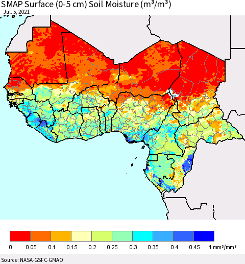 Western Africa SMAP Surface (0-5 cm) Soil Moisture (m³/m³) Thematic Map For 7/1/2021 - 7/5/2021
