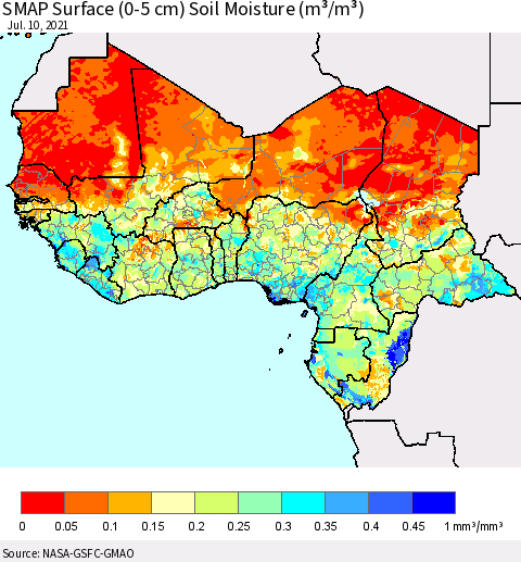 Western Africa SMAP Surface (0-5 cm) Soil Moisture (m³/m³) Thematic Map For 7/6/2021 - 7/10/2021