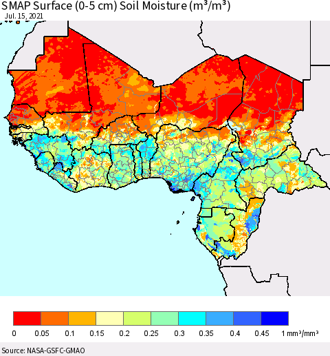 Western Africa SMAP Surface (0-5 cm) Soil Moisture (m³/m³) Thematic Map For 7/11/2021 - 7/15/2021