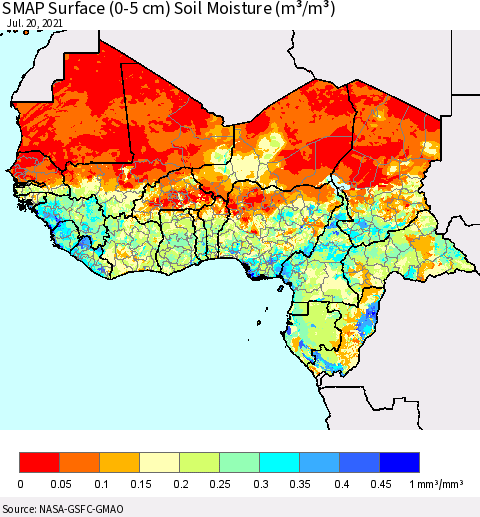 Western Africa SMAP Surface (0-5 cm) Soil Moisture (m³/m³) Thematic Map For 7/16/2021 - 7/20/2021