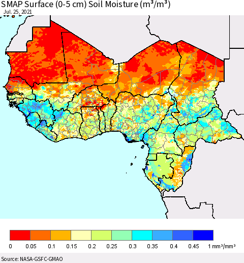 Western Africa SMAP Surface (0-5 cm) Soil Moisture (m³/m³) Thematic Map For 7/21/2021 - 7/25/2021