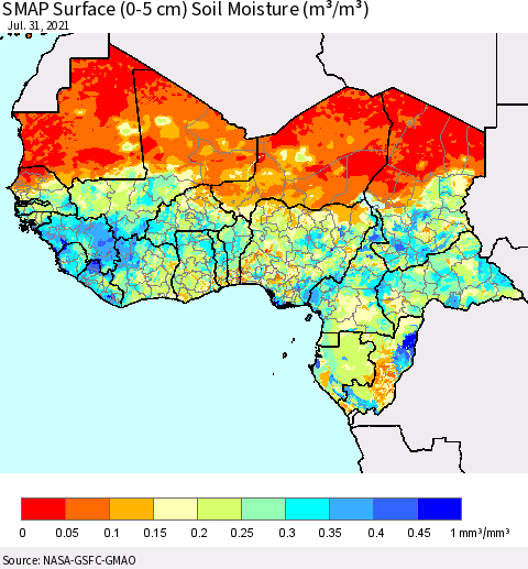 Western Africa SMAP Surface (0-5 cm) Soil Moisture (m³/m³) Thematic Map For 7/26/2021 - 7/31/2021