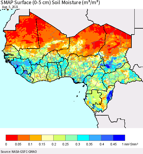 Western Africa SMAP Surface (0-5 cm) Soil Moisture (m³/m³) Thematic Map For 8/1/2021 - 8/5/2021