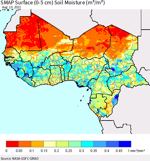 Western Africa SMAP Surface (0-5 cm) Soil Moisture (m³/m³) Thematic Map For 8/6/2021 - 8/10/2021
