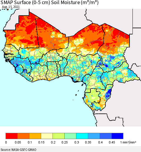 Western Africa SMAP Surface (0-5 cm) Soil Moisture (m³/m³) Thematic Map For 8/11/2021 - 8/15/2021