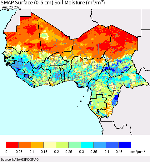Western Africa SMAP Surface (0-5 cm) Soil Moisture (m³/m³) Thematic Map For 8/16/2021 - 8/20/2021