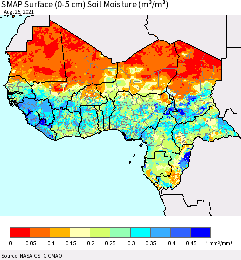 Western Africa SMAP Surface (0-5 cm) Soil Moisture (m³/m³) Thematic Map For 8/21/2021 - 8/25/2021
