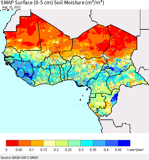Western Africa SMAP Surface (0-5 cm) Soil Moisture (m³/m³) Thematic Map For 8/26/2021 - 8/31/2021