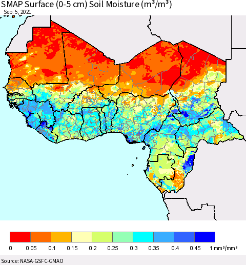 Western Africa SMAP Surface (0-5 cm) Soil Moisture (m³/m³) Thematic Map For 9/1/2021 - 9/5/2021
