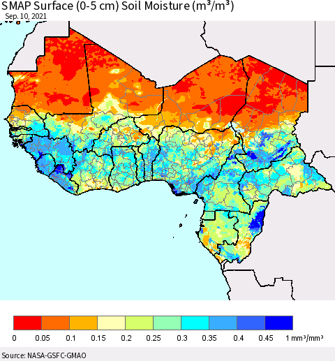 Western Africa SMAP Surface (0-5 cm) Soil Moisture (m³/m³) Thematic Map For 9/6/2021 - 9/10/2021