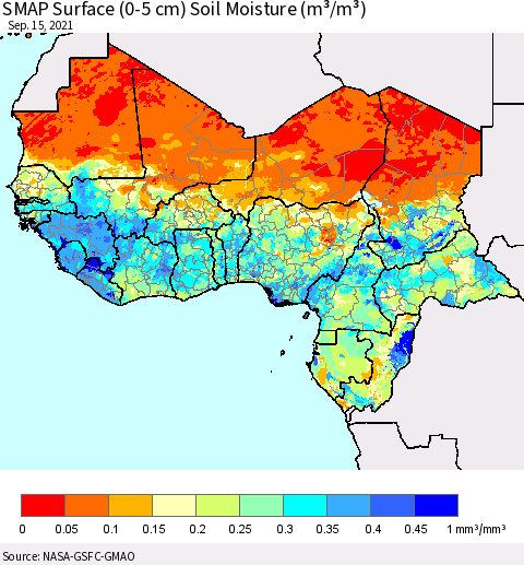 Western Africa SMAP Surface (0-5 cm) Soil Moisture (m³/m³) Thematic Map For 9/11/2021 - 9/15/2021