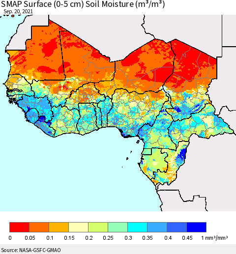 Western Africa SMAP Surface (0-5 cm) Soil Moisture (m³/m³) Thematic Map For 9/16/2021 - 9/20/2021