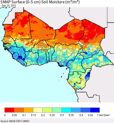 Western Africa SMAP Surface (0-5 cm) Soil Moisture (m³/m³) Thematic Map For 9/21/2021 - 9/25/2021
