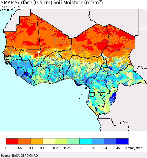 Western Africa SMAP Surface (0-5 cm) Soil Moisture (m³/m³) Thematic Map For 9/26/2021 - 9/30/2021