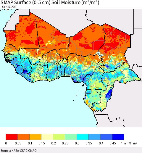 Western Africa SMAP Surface (0-5 cm) Soil Moisture (m³/m³) Thematic Map For 10/1/2021 - 10/5/2021