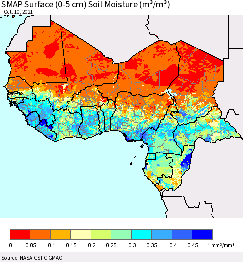 Western Africa SMAP Surface (0-5 cm) Soil Moisture (m³/m³) Thematic Map For 10/6/2021 - 10/10/2021