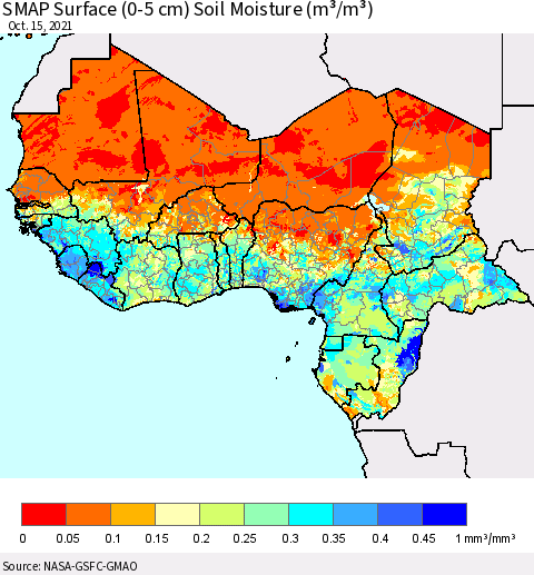 Western Africa SMAP Surface (0-5 cm) Soil Moisture (m³/m³) Thematic Map For 10/11/2021 - 10/15/2021