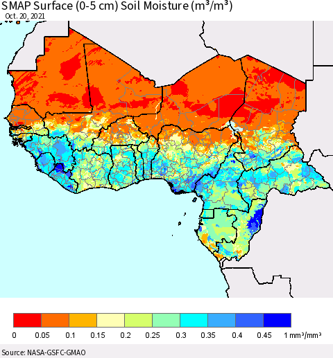 Western Africa SMAP Surface (0-5 cm) Soil Moisture (m³/m³) Thematic Map For 10/16/2021 - 10/20/2021