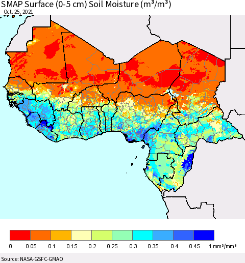 Western Africa SMAP Surface (0-5 cm) Soil Moisture (m³/m³) Thematic Map For 10/21/2021 - 10/25/2021