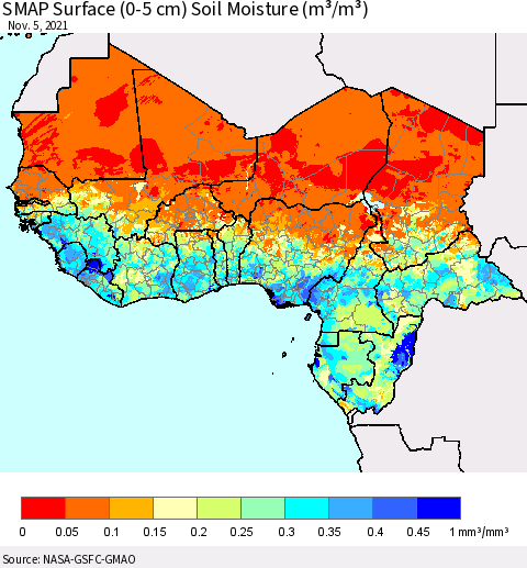 Western Africa SMAP Surface (0-5 cm) Soil Moisture (m³/m³) Thematic Map For 11/1/2021 - 11/5/2021