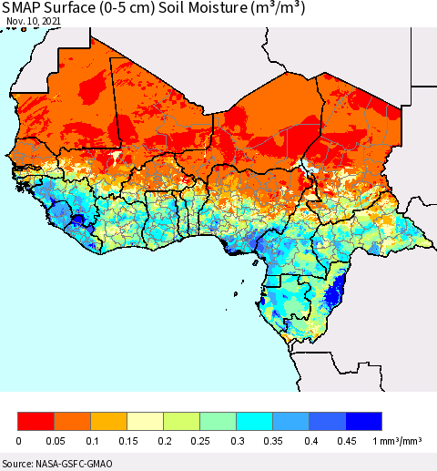 Western Africa SMAP Surface (0-5 cm) Soil Moisture (m³/m³) Thematic Map For 11/6/2021 - 11/10/2021
