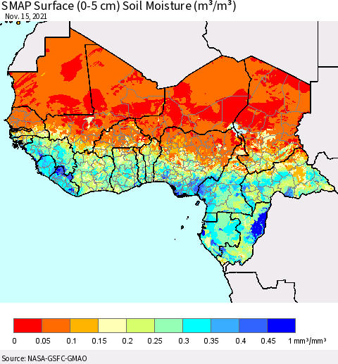 Western Africa SMAP Surface (0-5 cm) Soil Moisture (m³/m³) Thematic Map For 11/11/2021 - 11/15/2021