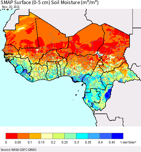 Western Africa SMAP Surface (0-5 cm) Soil Moisture (m³/m³) Thematic Map For 11/16/2021 - 11/20/2021