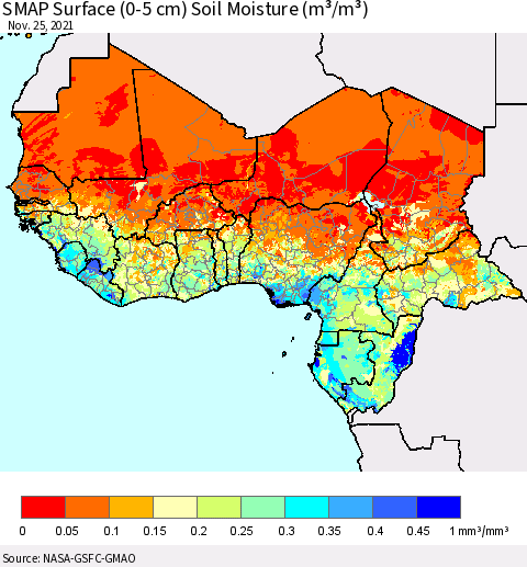 Western Africa SMAP Surface (0-5 cm) Soil Moisture (m³/m³) Thematic Map For 11/21/2021 - 11/25/2021