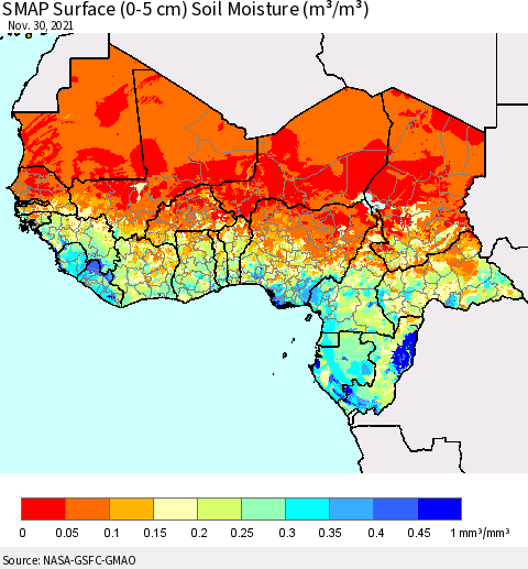 Western Africa SMAP Surface (0-5 cm) Soil Moisture (m³/m³) Thematic Map For 11/26/2021 - 11/30/2021