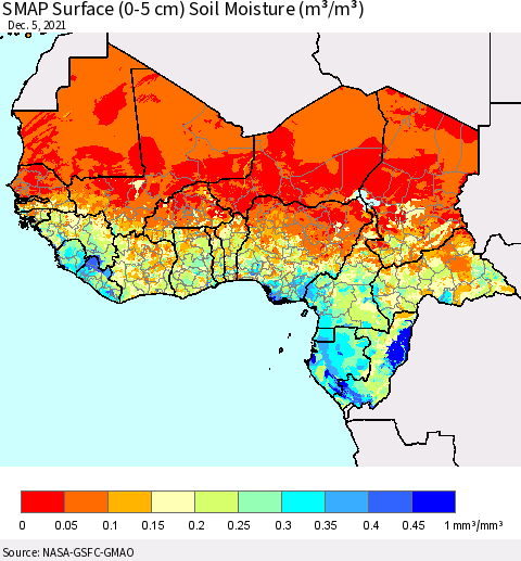 Western Africa SMAP Surface (0-5 cm) Soil Moisture (m³/m³) Thematic Map For 12/1/2021 - 12/5/2021