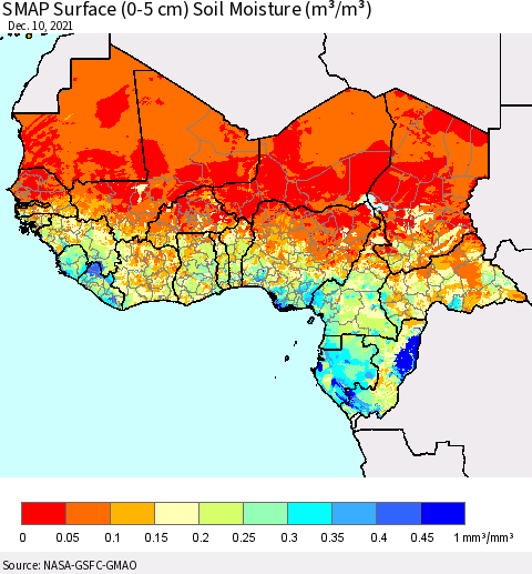 Western Africa SMAP Surface (0-5 cm) Soil Moisture (m³/m³) Thematic Map For 12/6/2021 - 12/10/2021