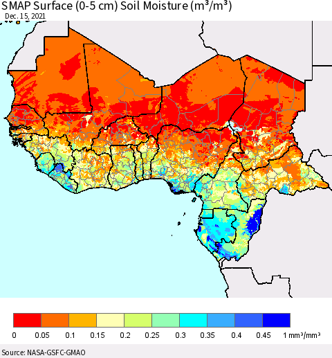Western Africa SMAP Surface (0-5 cm) Soil Moisture (m³/m³) Thematic Map For 12/11/2021 - 12/15/2021