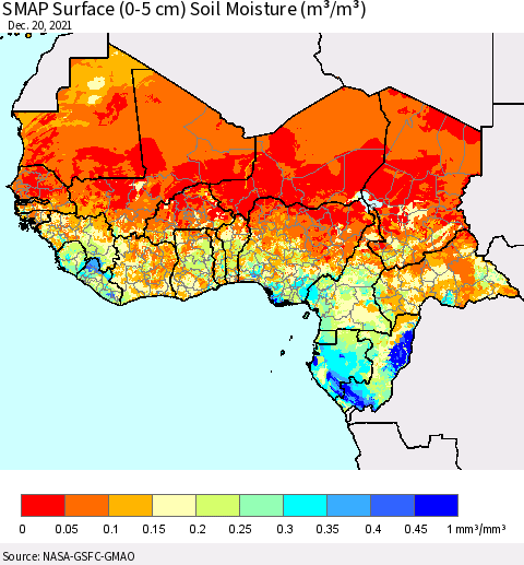 Western Africa SMAP Surface (0-5 cm) Soil Moisture (m³/m³) Thematic Map For 12/16/2021 - 12/20/2021