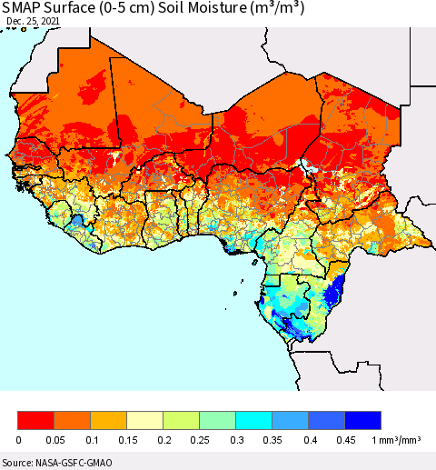 Western Africa SMAP Surface (0-5 cm) Soil Moisture (m³/m³) Thematic Map For 12/21/2021 - 12/25/2021