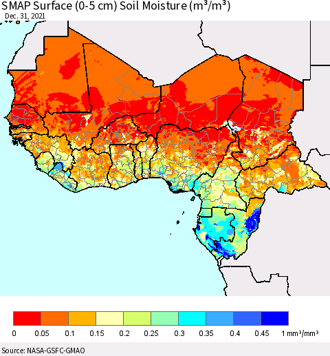 Western Africa SMAP Surface (0-5 cm) Soil Moisture (m³/m³) Thematic Map For 12/26/2021 - 12/31/2021