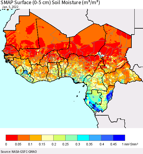Western Africa SMAP Surface (0-5 cm) Soil Moisture (m³/m³) Thematic Map For 1/1/2022 - 1/5/2022