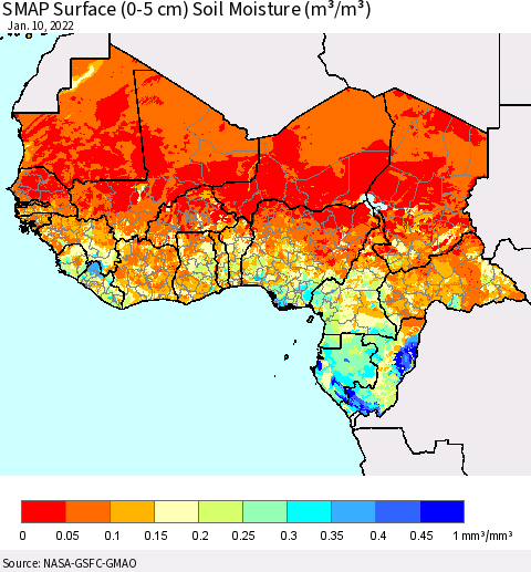 Western Africa SMAP Surface (0-5 cm) Soil Moisture (m³/m³) Thematic Map For 1/6/2022 - 1/10/2022