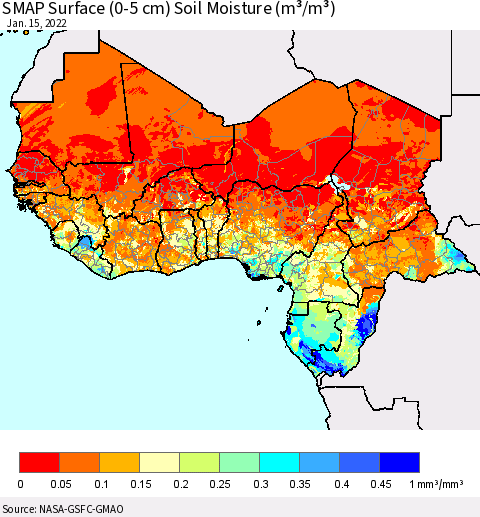 Western Africa SMAP Surface (0-5 cm) Soil Moisture (m³/m³) Thematic Map For 1/11/2022 - 1/15/2022