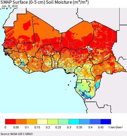 Western Africa SMAP Surface (0-5 cm) Soil Moisture (m³/m³) Thematic Map For 1/26/2022 - 1/31/2022