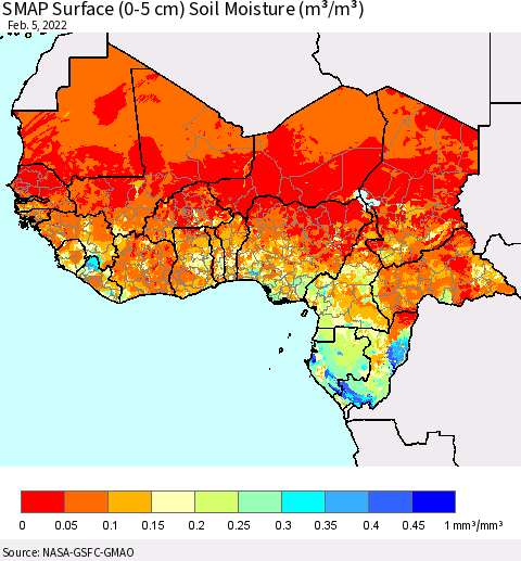 Western Africa SMAP Surface (0-5 cm) Soil Moisture (m³/m³) Thematic Map For 2/1/2022 - 2/5/2022