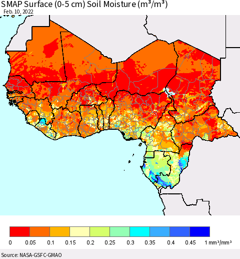Western Africa SMAP Surface (0-5 cm) Soil Moisture (m³/m³) Thematic Map For 2/6/2022 - 2/10/2022