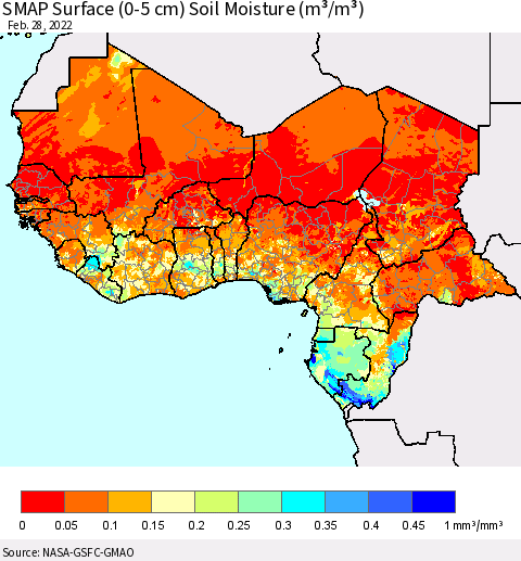 Western Africa SMAP Surface (0-5 cm) Soil Moisture (m³/m³) Thematic Map For 2/26/2022 - 2/28/2022