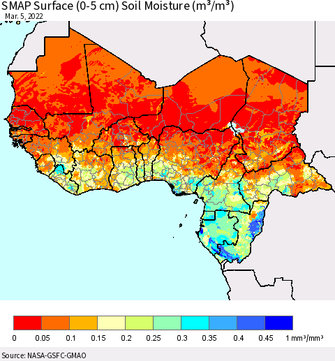 Western Africa SMAP Surface (0-5 cm) Soil Moisture (m³/m³) Thematic Map For 3/1/2022 - 3/5/2022