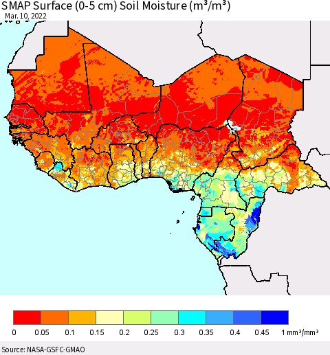 Western Africa SMAP Surface (0-5 cm) Soil Moisture (m³/m³) Thematic Map For 3/6/2022 - 3/10/2022