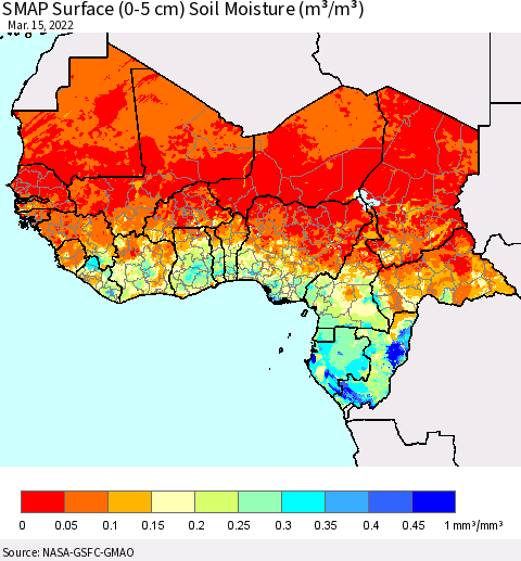 Western Africa SMAP Surface (0-5 cm) Soil Moisture (m³/m³) Thematic Map For 3/11/2022 - 3/15/2022