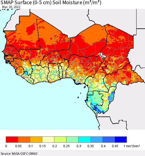 Western Africa SMAP Surface (0-5 cm) Soil Moisture (m³/m³) Thematic Map For 3/16/2022 - 3/20/2022