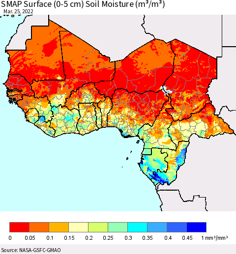 Western Africa SMAP Surface (0-5 cm) Soil Moisture (m³/m³) Thematic Map For 3/21/2022 - 3/25/2022