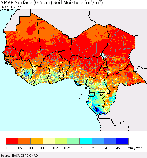 Western Africa SMAP Surface (0-5 cm) Soil Moisture (m³/m³) Thematic Map For 3/26/2022 - 3/31/2022