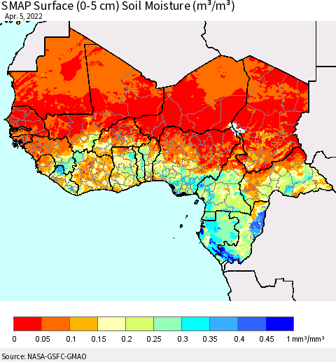 Western Africa SMAP Surface (0-5 cm) Soil Moisture (m³/m³) Thematic Map For 4/1/2022 - 4/5/2022