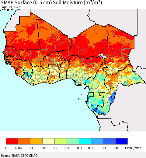 Western Africa SMAP Surface (0-5 cm) Soil Moisture (m³/m³) Thematic Map For 4/6/2022 - 4/10/2022